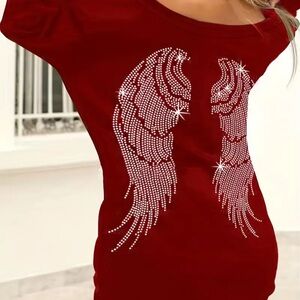 Red Rhinestone Angel Wings Top